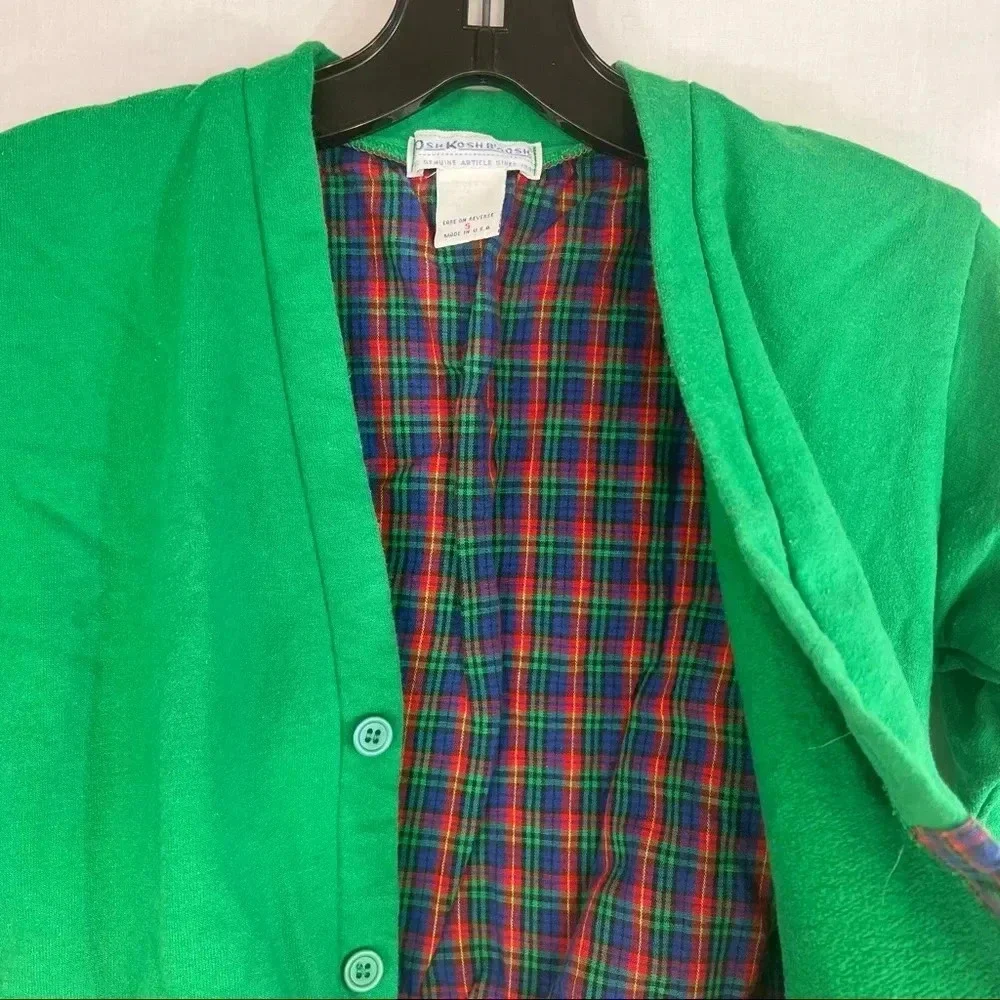 VTG Osh Kosh 80’s Kids Cardigan Green With Plaid Long Sleeve 5T Made In USA